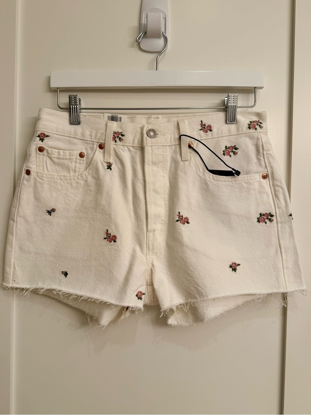 Levi’s 501 White Denim Shorts with Pink Floral Embroidery